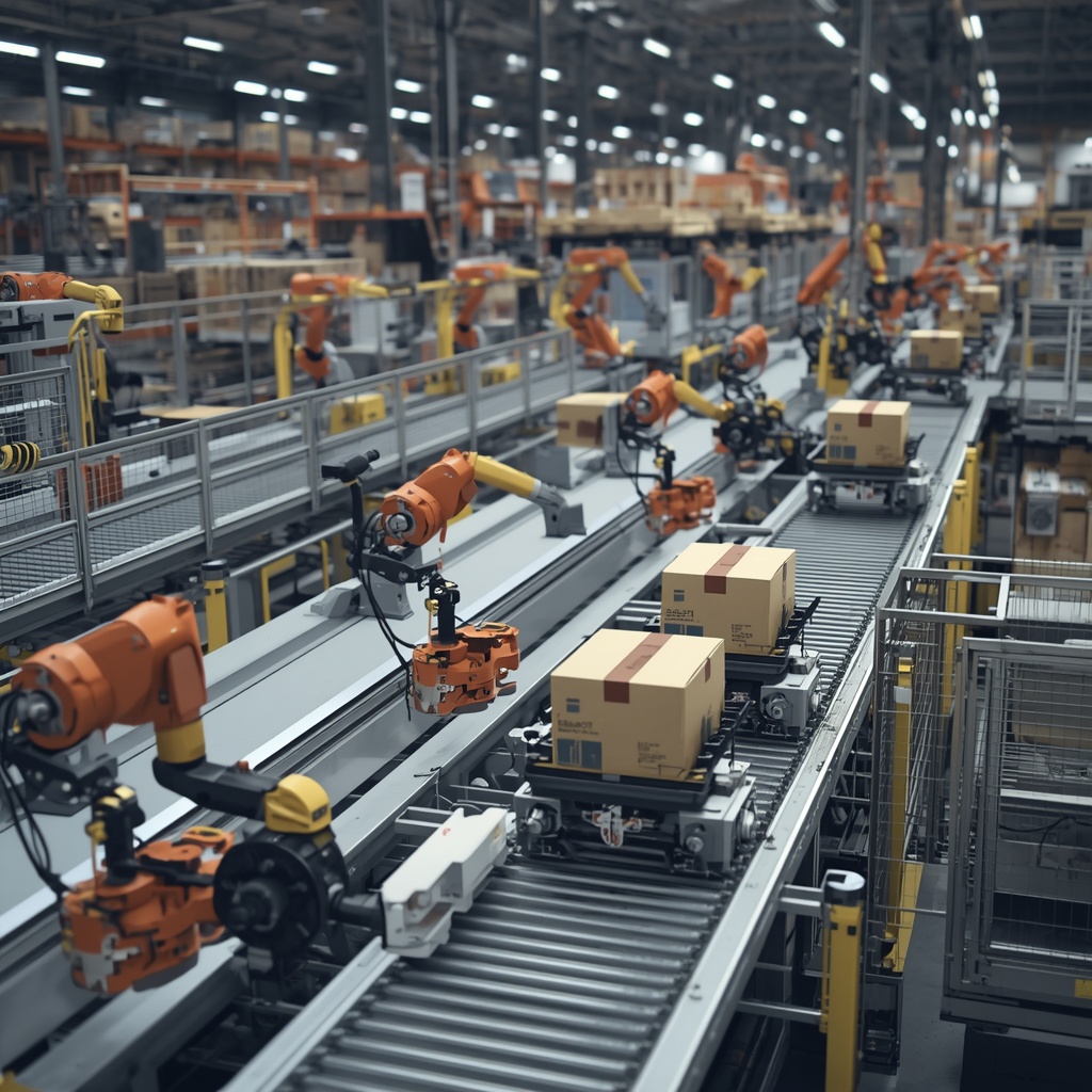 Automated warehouse facility with robotic sorting systems and autonomous guided vehicles moving packages on a conveyor network